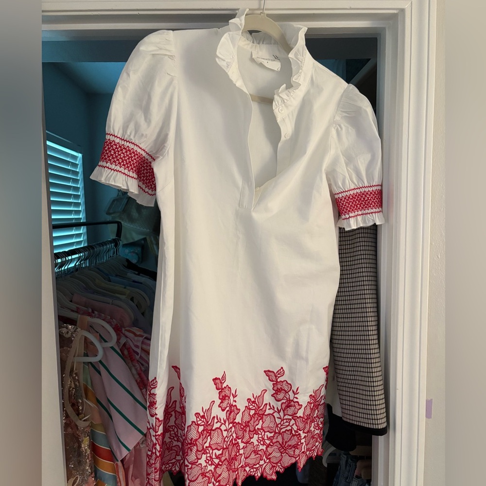 White Mini Dress with Pink Embroidered Hem and Sleeve Accents - Picture 4 of 6